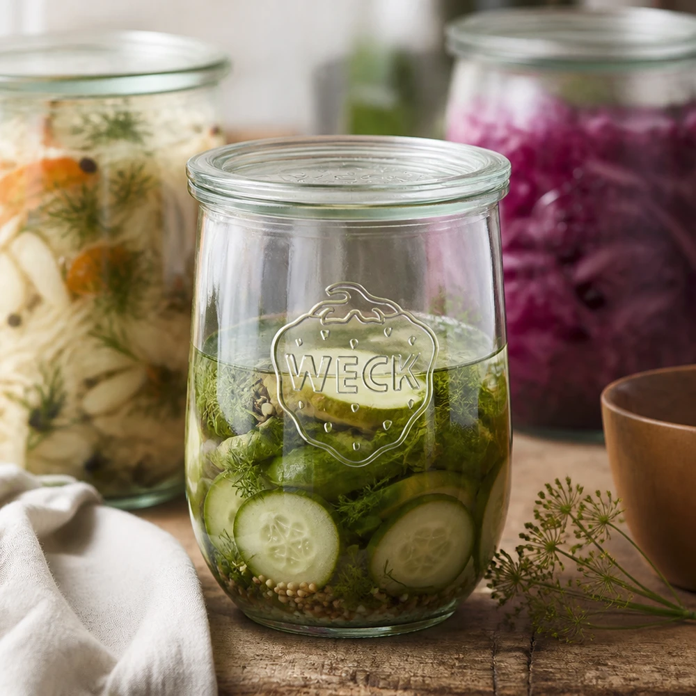 Słoik tulipan o pojemności 1062 ml ze szklaną pokrywką WECK RR100 WECK tulipan słoik 1062ml ogórek kiszony koperek przyprawy fermentowane warzywa RR100 słoik pokrywka konserwacja