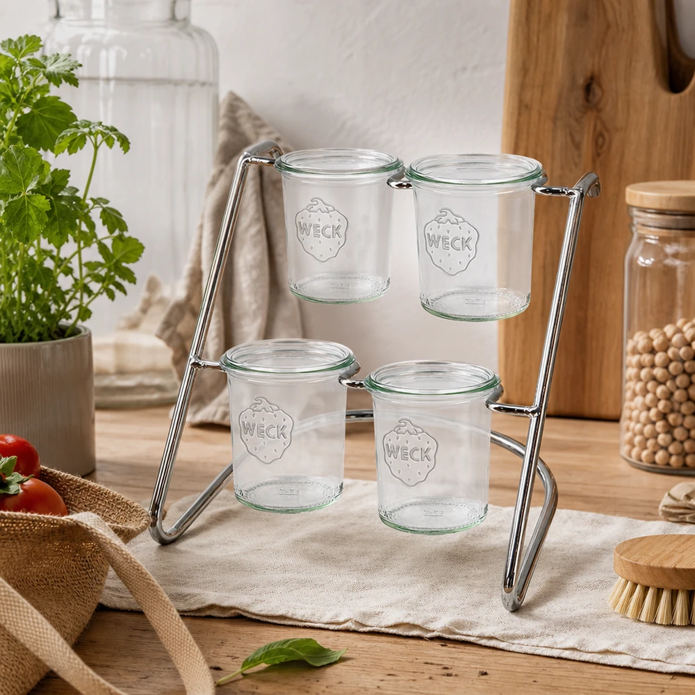 Stojak do serwowania Flato4 na drewnianym stole z pustymi słoikami WECK - minimalistyczny design do naturalnej dekoracji kuchni