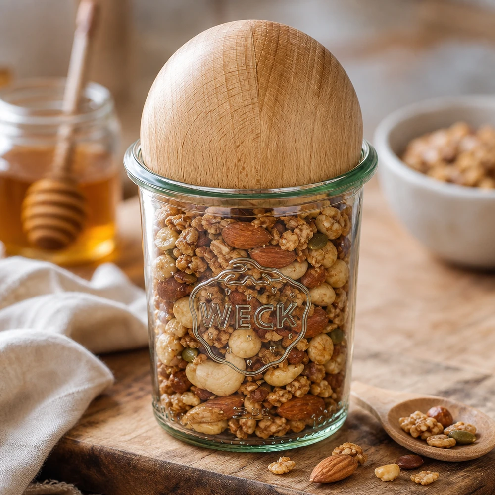 Kubki 160ml WECK RR60 z drewnianą kulką buk Kubki WECK RR60 160ml z bukową kulą wypełnioną orzechami, dekoracyjnie ułożone na drewnianej desce z miodem