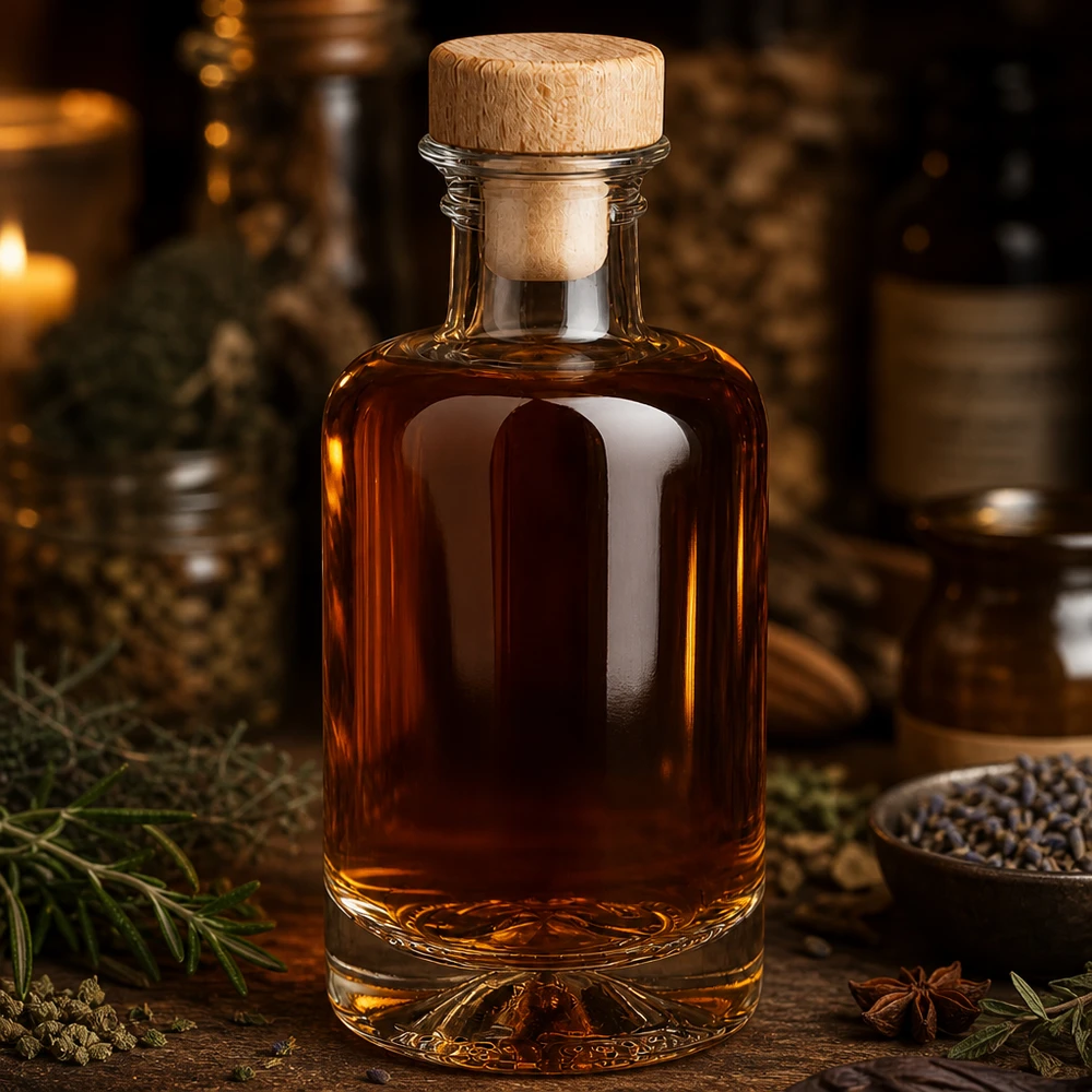 Butelka apteczna Sofia 100 ml z drewnianym korkiem UNiTWIST® 100ml Glasflasche Sofia mit Holzkorken gefüllt mit bernsteinfarbener Flüssigkeit zwischen Gewürzen und Kräutern Destille