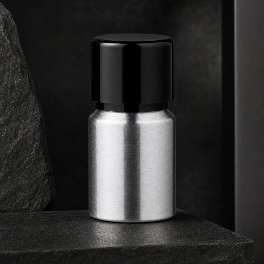 Butelka z polerowanego aluminium o pojemności 10 ml z zakrętką Wysokiej jakości aluminiowa butelka o pojemności 10 ml z powierzchnią ze szczotkowanego metalu i praktyczną zakrętką