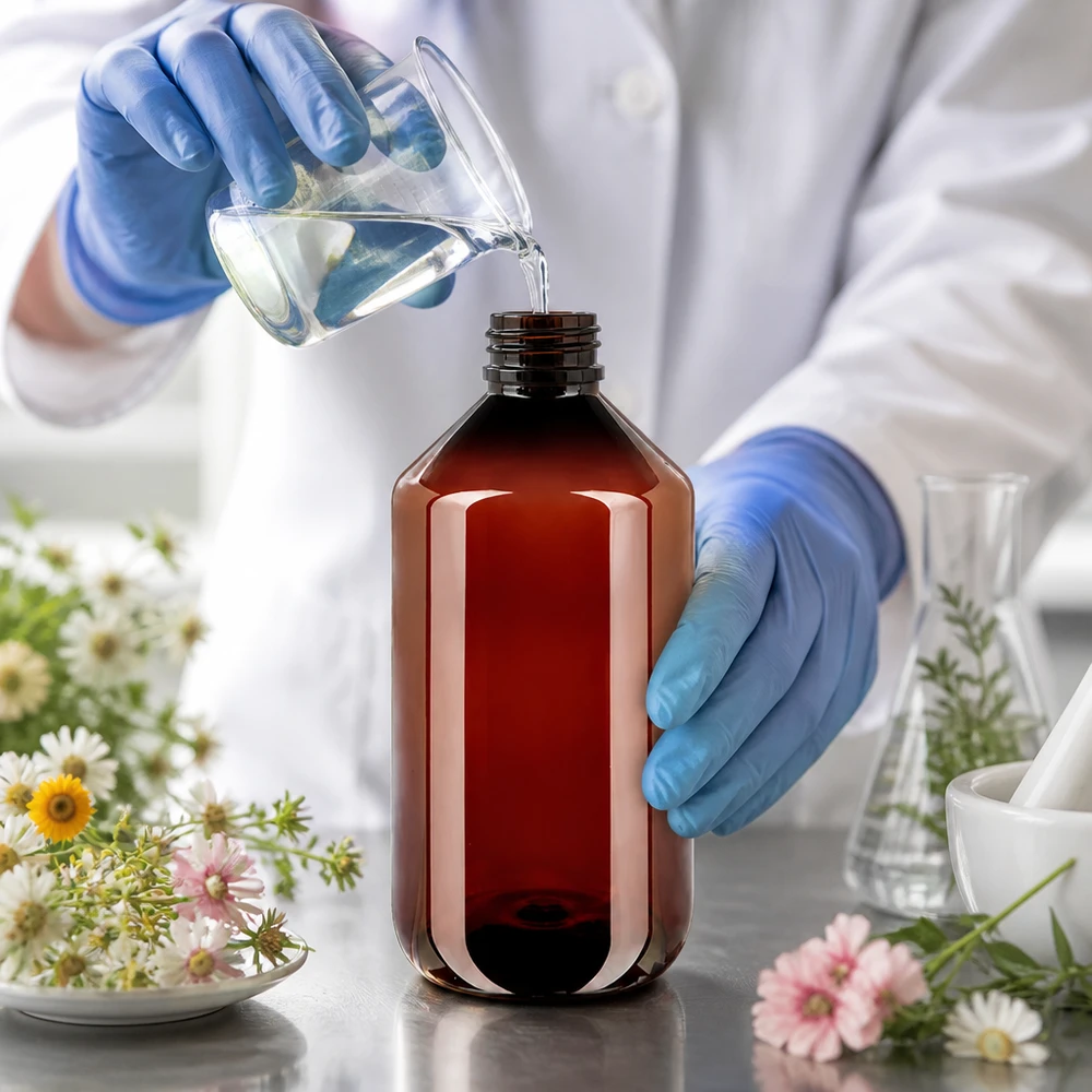 Butelka PET o pojemności 500 ml w kolorze bursztynowym z białym, karbowanym zamknięciem zabezpieczającym przed dziećmi, przeznaczona do produktów naturalnych