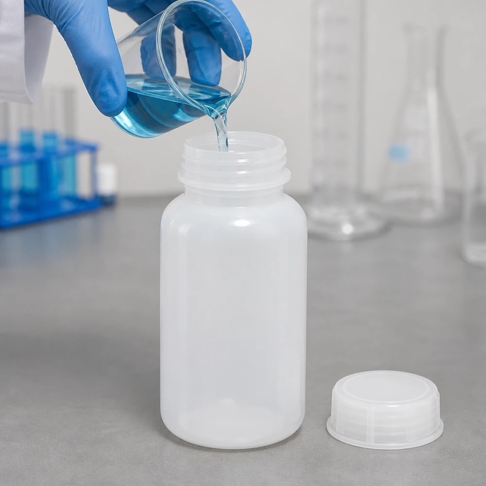 Weithals-Laborflasche 500ml mit abgestelltem Deckel beim Befüllen mit blauer chemischer Lösung