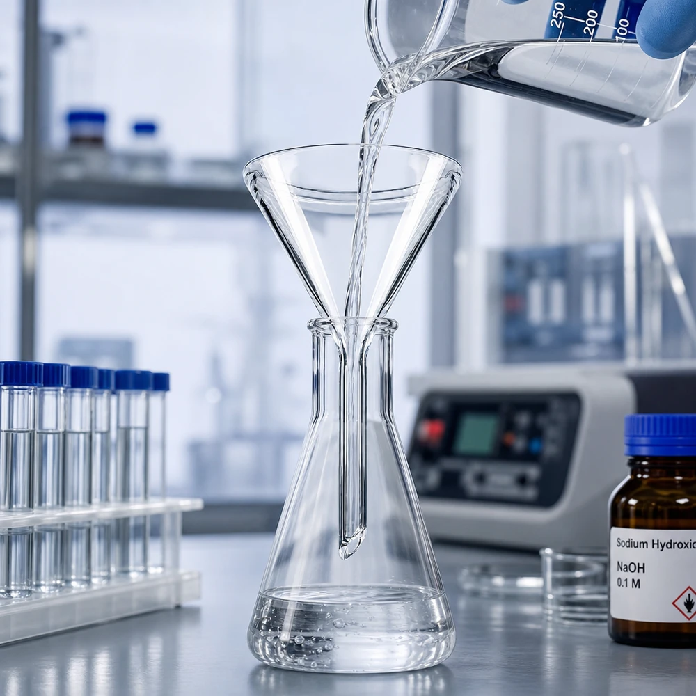 Kompaktowy lejek szklany 40 mm wykonany ze szkła sodowo-wapniowego z krótkim uchwytem ułatwiającym obsługę w laboratorium