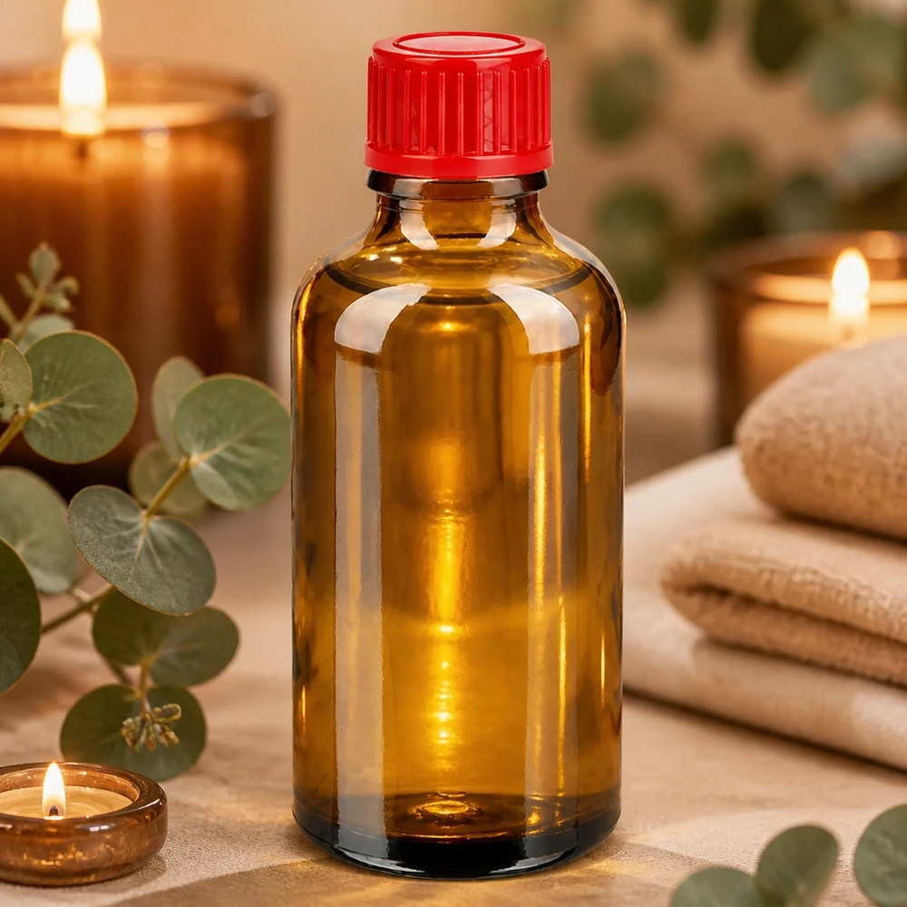 Szklana butelka 50 ml w kolorze brązowym z czerwoną zakrętką na olejki eteryczne i kosmetyki