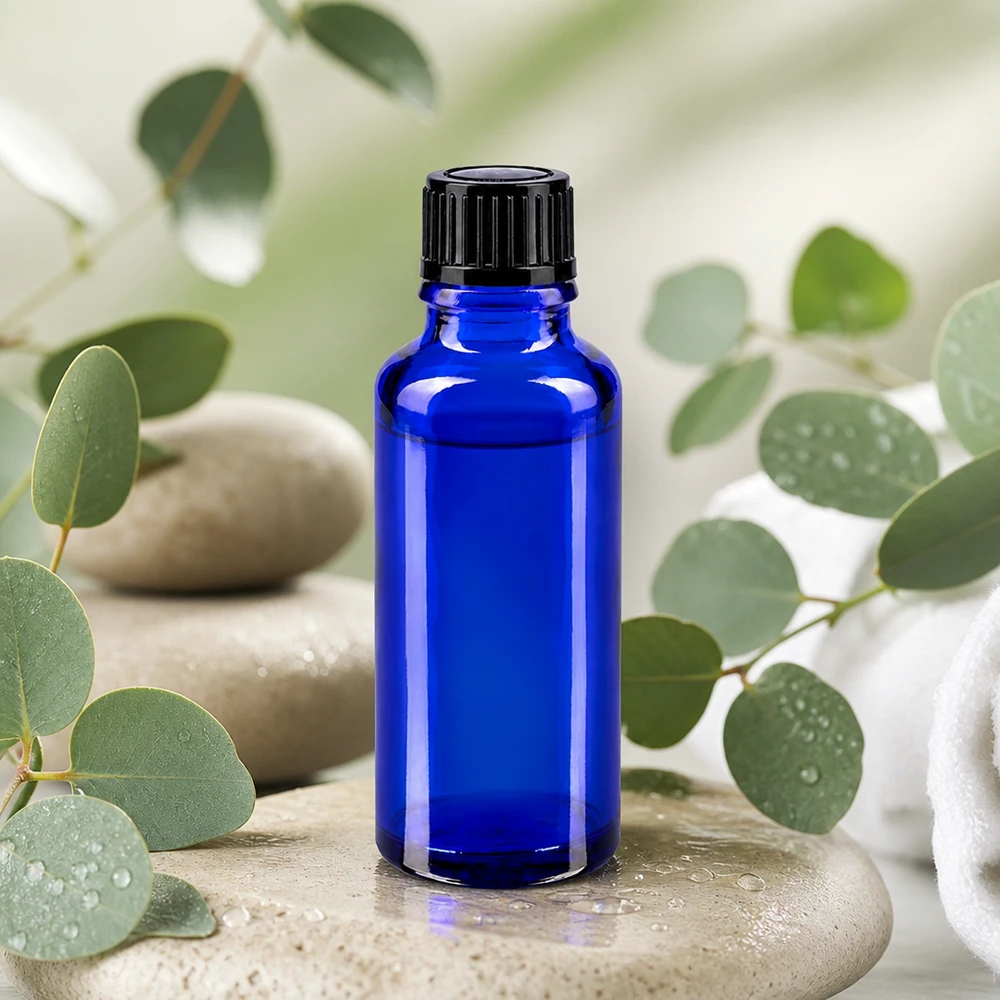 Kobaltowo-niebieska buteleczka apteczna o pojemności 30 ml z czarnym zakraplaczem, ustawiona na kamieniach wellness