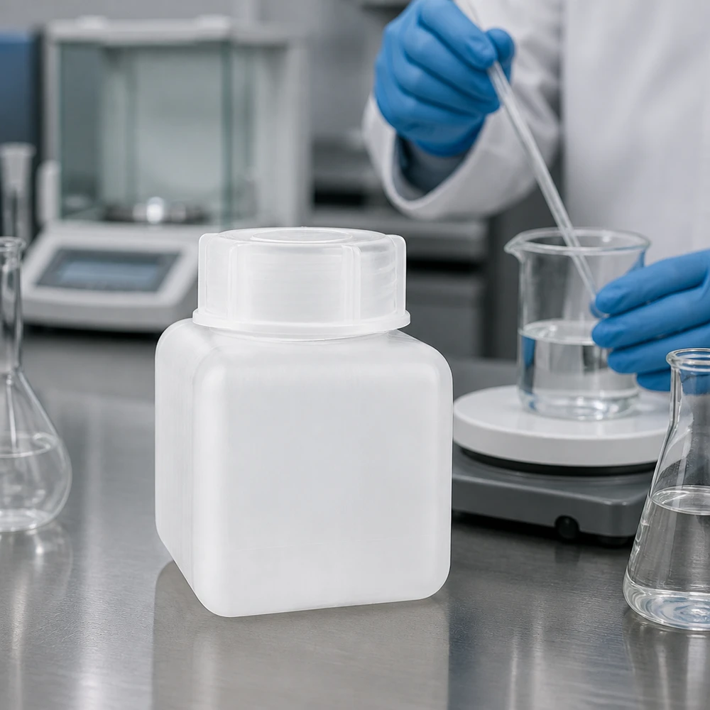 Butelka z szeroką szyjką z PE-HD o pojemności 500 ml w kolorze naturalnym obok kolby Erlenmeyera i zlewki w laboratorium chemicznym