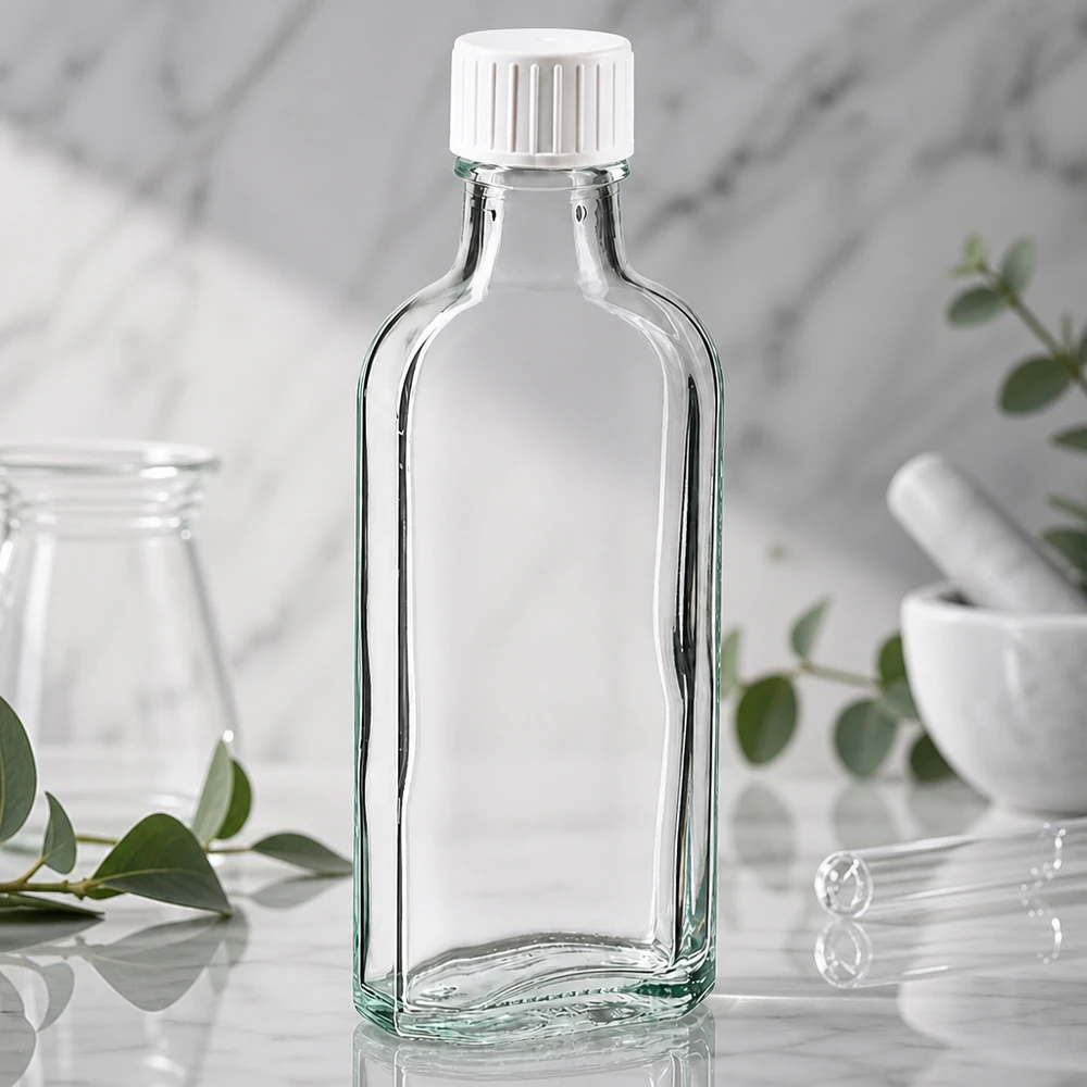 100 ml Przezroczysta zakrętka Meplat z pierścieniem do nalewania Pusta szklana butelka Meplat o pojemności 100 ml z białym zamknięciem zabezpieczającym przed dziećmi i pierścieniem do nalewania