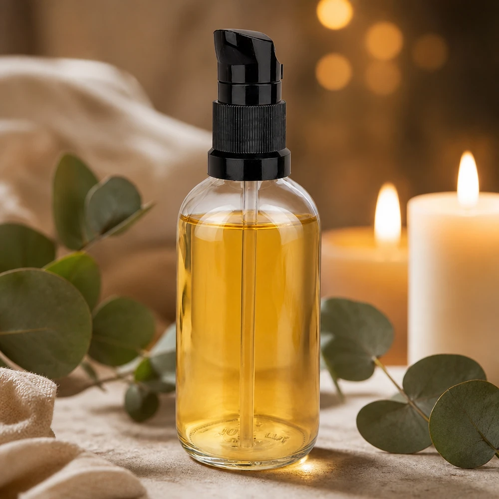 100 ml butelka z pompką czarna STD ClearLine UT18/100 Butelka ze szkła przezroczystego o pojemności 100 ml z czarną pompką do balsamu, złocistożółty olejek eukaliptusowy, atmosfera spa