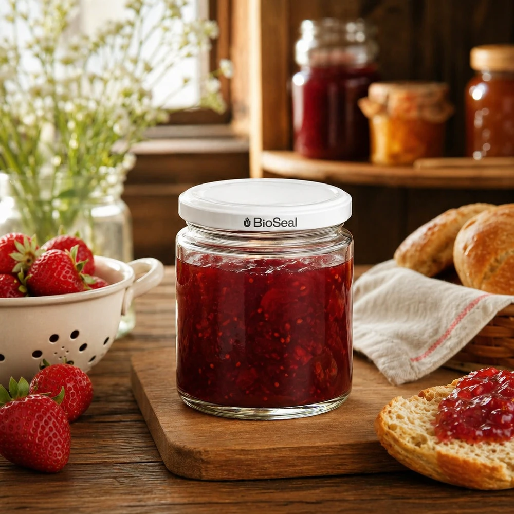 250 ml słoik miodu z pokrywką BioSeal wypełniony dżemem truskawkowym na drewnianej desce obok świeżych truskawek i chleba