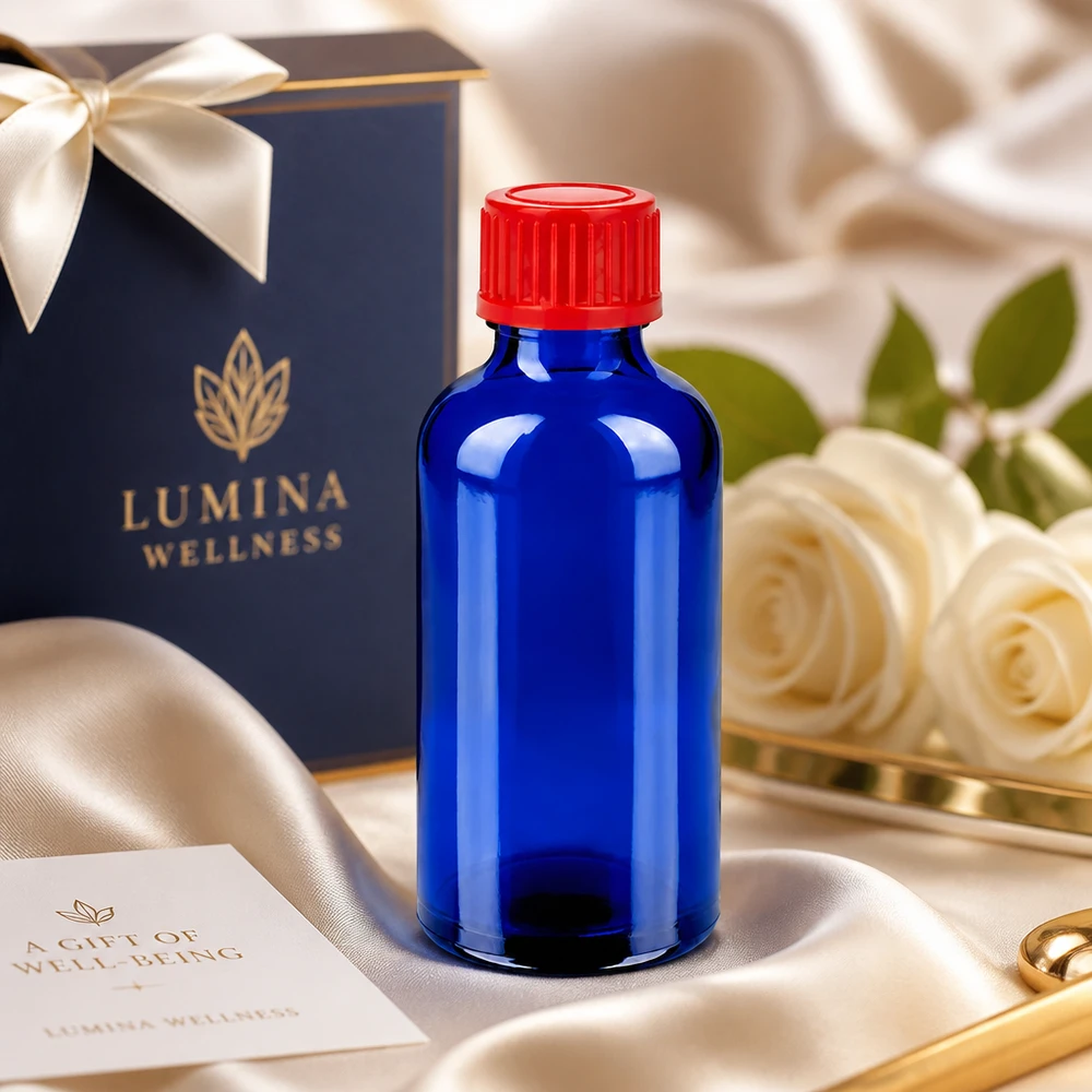 Butelka 50 ml 11 mm SV czerwony STD BlueLine UT18/50 Kompaktowa szklana butelka BlueLine UT18/50 o pojemności 50 ml w kontrastowym czerwono-niebieskim kolorze