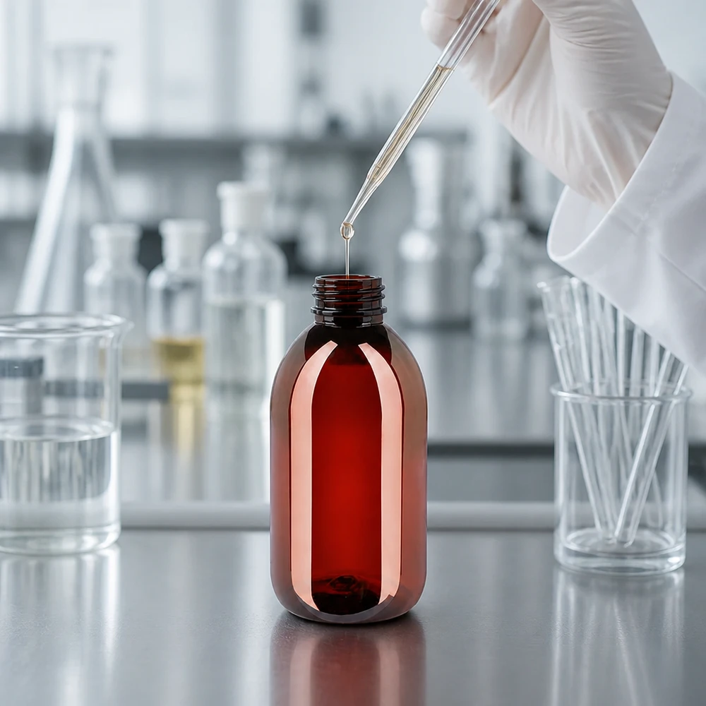 Butelka PET 250 ml z białym karbowanym OV Przezroczysta brązowa butelka PET o pojemności 250 ml z białym opakowaniem zewnętrznym w profesjonalnym środowisku laboratoryjnym