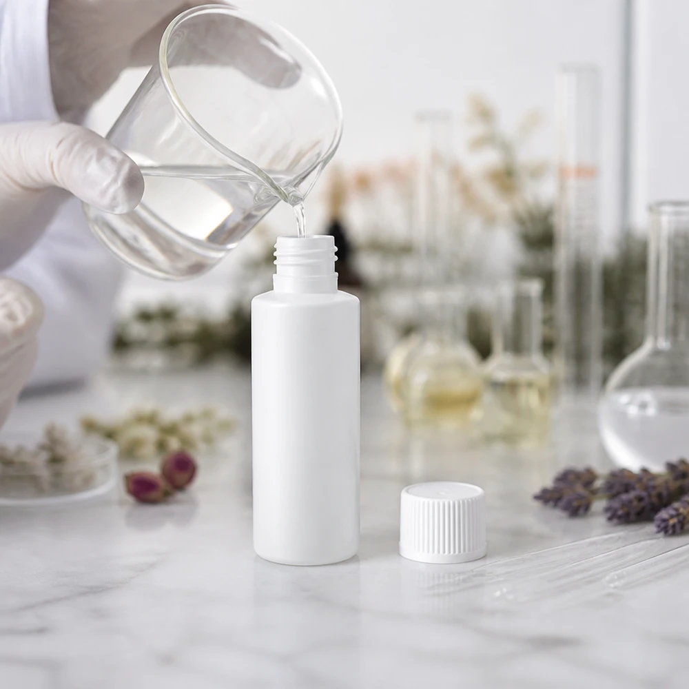 Biały pojemnik z tworzywa sztucznego o pojemności 30 ml z żebrowaną zakrętką w laboratorium kosmetycznym z motywem lawendy