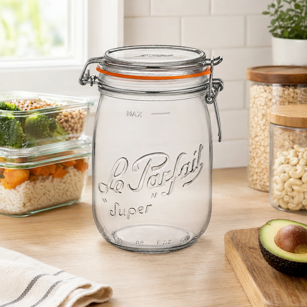 1000ml Vorratsglas "Super" mit Bügelverschluss Le Parfait® Słoik do przechowywania Le Parfait Super o pojemności 1000 ml z uchylną pokrywką w nowoczesnych kuchniach obok pojemników na awokado i innych pojemników do przechowywania.