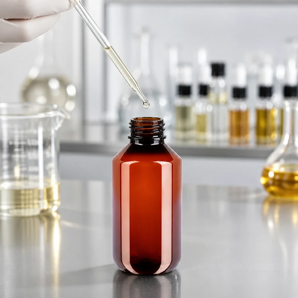 Butelka PET 200 ml z białą nakrętką typu flip-top. Brązowa butelka z zakraplaczem o pojemności 200 ml, wykonana z PET, przeznaczona do olejków eterycznych i płynów laboratoryjnych