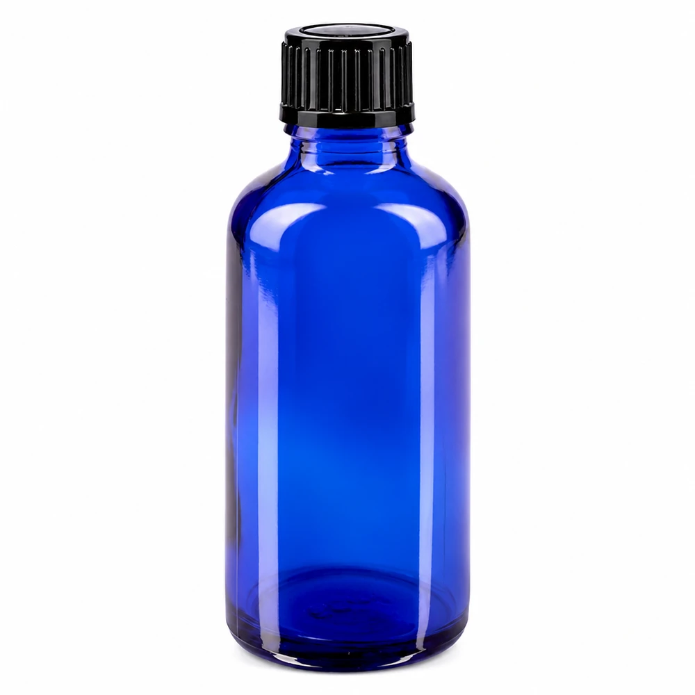 Butelka apteczna niebieska 50ml drip v. 1mm czarny szt Niebieska szklana buteleczka o pojemności 50 ml z czarnym zakraplaczem, wykonana z wysokiej jakości szkła aptecznego