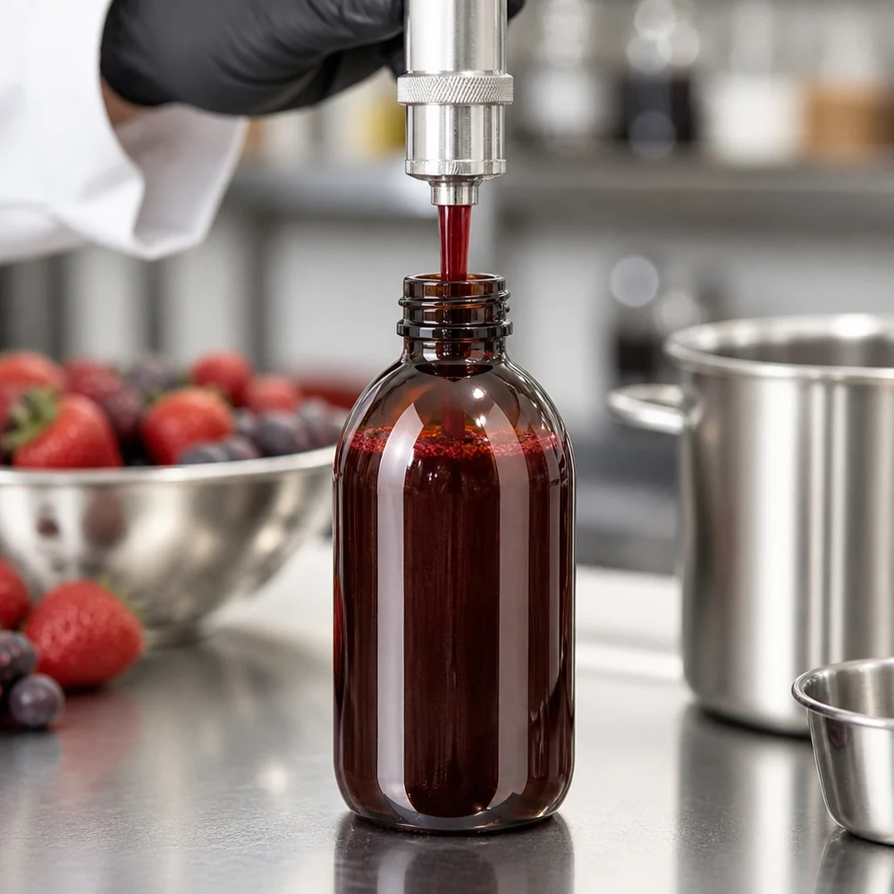 Napełnianie brązowej butelki PET o pojemności 250 ml czerwonym sokiem owocowym w profesjonalnej kuchni