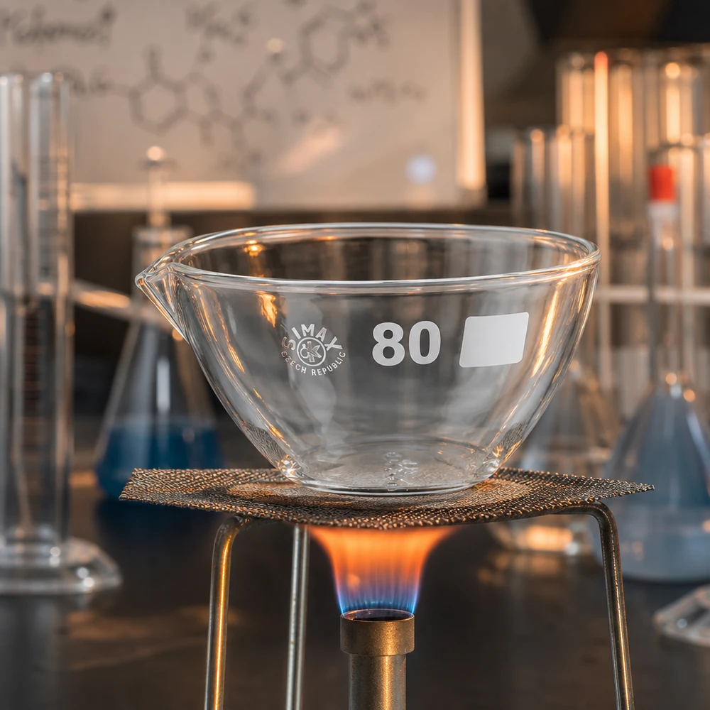 Przezroczyste naczynie laboratoryjne o pojemności 90 ml z praktyczną wylewką wykonane z wysokiej jakości szkła borokrzemowego