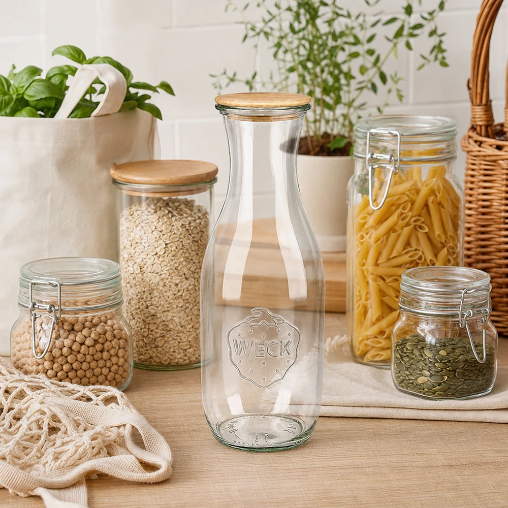 Butelka na sok WECK 1062 ml z drewnianą pokrywką w kuchni zero waste obok słoików z makaronem i roślinami strączkowymi