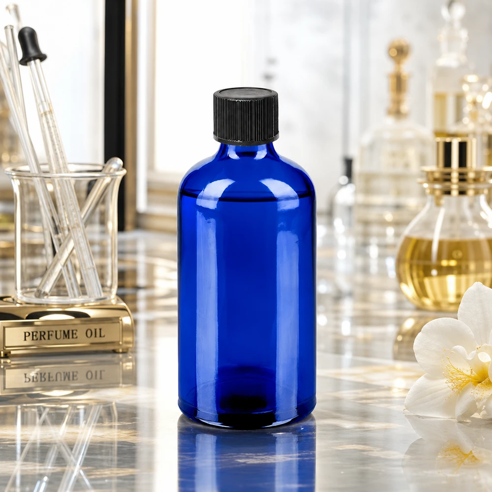 Elegancka, kobaltowo-niebieska butelka z zakraplaczem o pojemności 100 ml i matową, czarną zakrętką zapewnia stylową prezentację produktu.