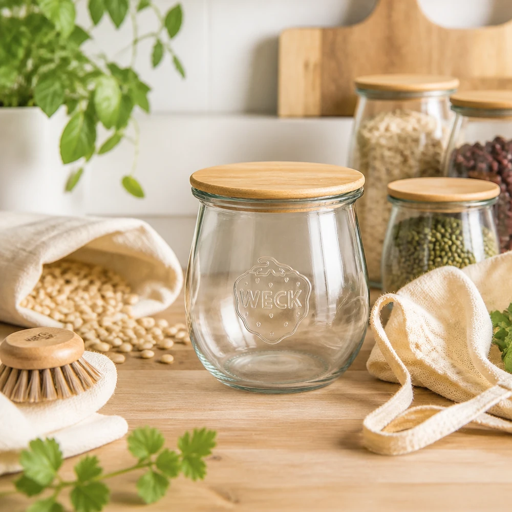 Słoik tulipanowy 220 ml WECK RR60 z drewnianą pokrywką WECK Tulpenglas 220ml RR60 Holzdeckel in Zero-Waste Küche mit Hülsenfrüchten Getreide und nachhaltigen Utensilien