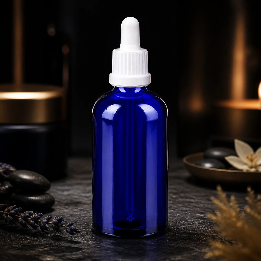 Butelka z kobaltowego szkła o pojemności 100 ml z ergonomiczną pipetą ułatwiającą obsługę BlueLine UT18/100