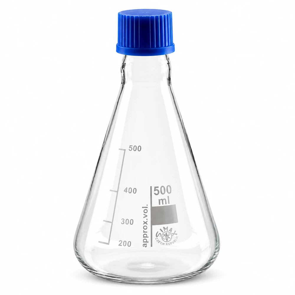 Kolba Erlenmeyera 500 ml z zakrętką Kolba Erlenmeyera o pojemności 500 ml, stożkowym kształcie i praktycznym niebieskim korku