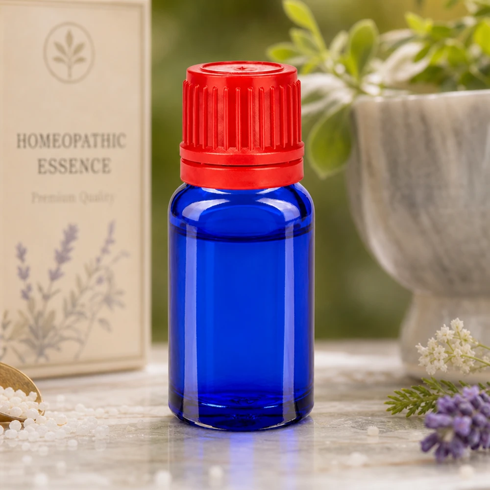 Butelka 10 ml 11 mm SV czerwony OV BlueLine UT18/10 10 ml niebieska butelka aptekarska z czerwoną zakrętką 11 mm SV do esencji homeopatycznych i naturoterapii