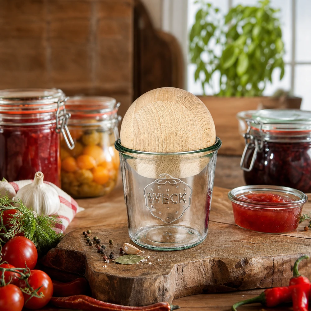 Kubki 580ml WECK RR100 z drewnianą kulką buk Słoik WECK 580ml RR100 z kulką z drewna bukowego w rustykalnej kuchni między słoikami na przetwory i świeże składniki