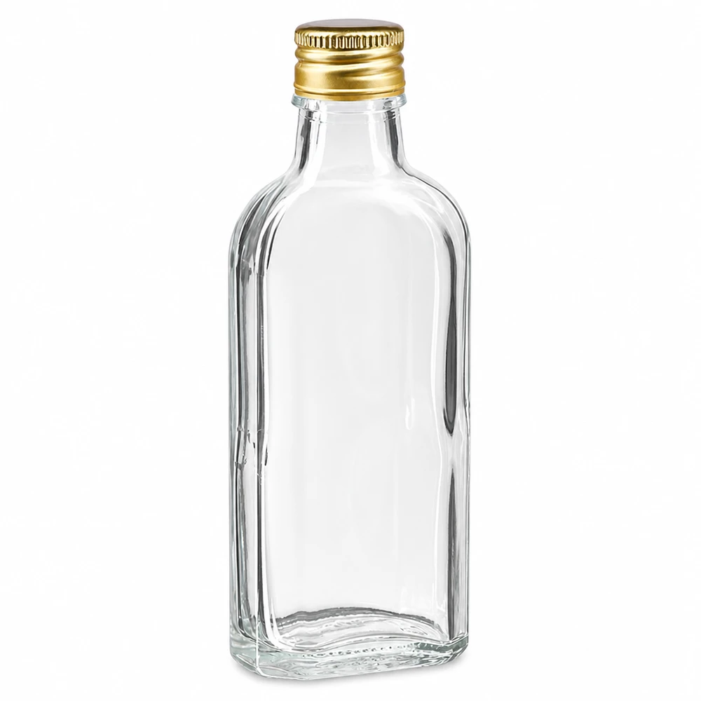 Przezroczysta szklana butelka Meplat o pojemności 100 ml ze złotym aluminiowym zamknięciem PP22 do alkoholi wysokoprocentowych i likierów