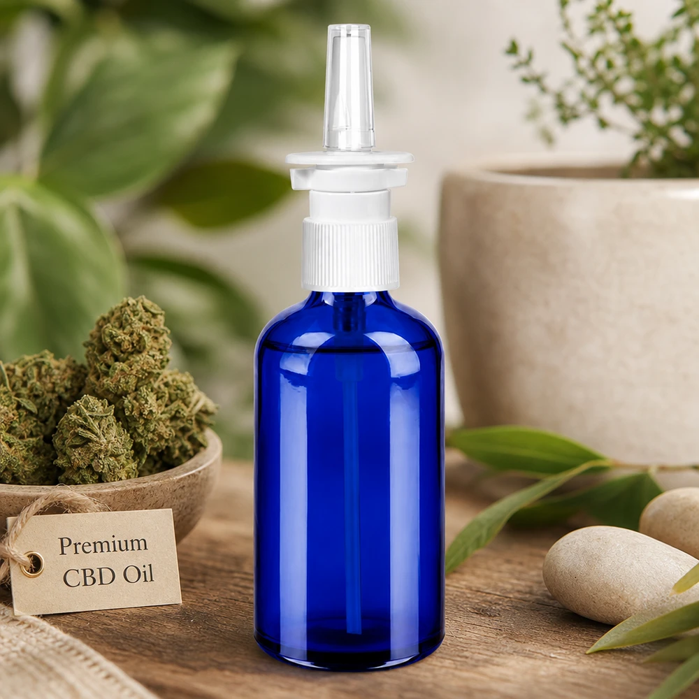 100 ml butelka z atomizerem do nosa w/tr. STD BlueLine UT18/100 Butelka ze szkła medycznego 100 ml z precyzyjnym systemem rozpylania do nosa do zastosowań terapeutycznych