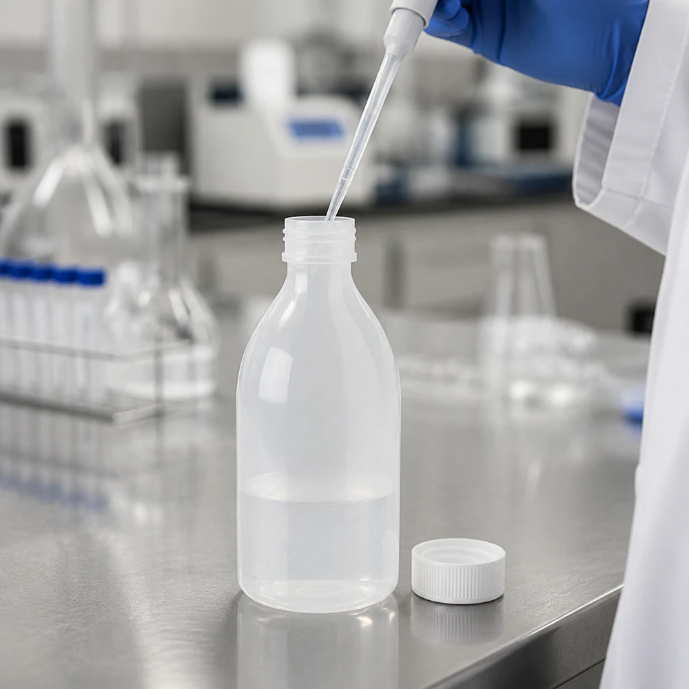 Butelka zakręcana 250 ml, butelka laboratoryjna z wąską szyjką Laborant pipetuje płyn do butelki z wąską szyjką o pojemności 250 ml, wykonanej z tworzywa LDPE i wyposażonej w zakrętkę