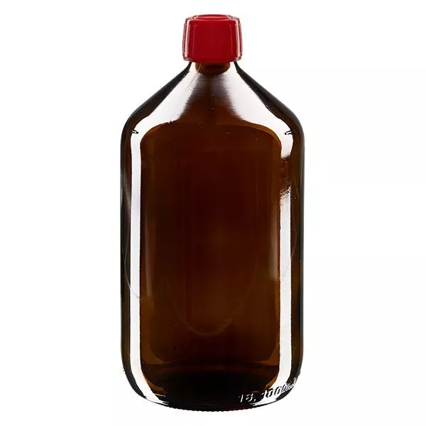 Butelka na lek 1000 ml brązowa, czerwona zakrętka z pierścieniem zabezpieczającym ApoGlas. Farmaceutyczna jakość produkcji UE. Gwint 28 mm (PP28). (syrop, butelka z lekkiego szkła) Butelka na lek 1000 ml brązowa, czerwona zakrętka z pierścieniem zabezpieczającym ApoGlas. Farmaceutyczna jakość produkcji UE. Gwint 28 mm (PP28). (syrop, butelka z lekkiego szkła)