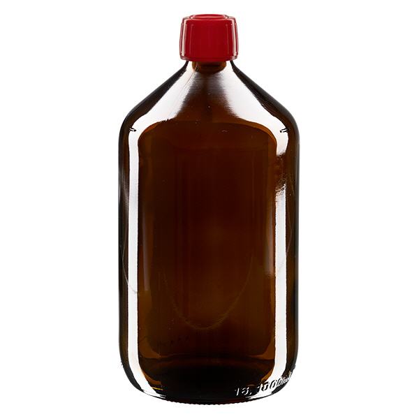 Butelka na lek 1000 ml br&#261;zowa, czerwona zakr&#281;tka z pier&#347;cieniem zabezpieczaj&#261;cym ApoGlas. Farmaceutyczna jako&#347;&#263; produkcji UE. Gwint 28 mm (PP28). (syrop, butelka z lekkiego szk&#322;a)
