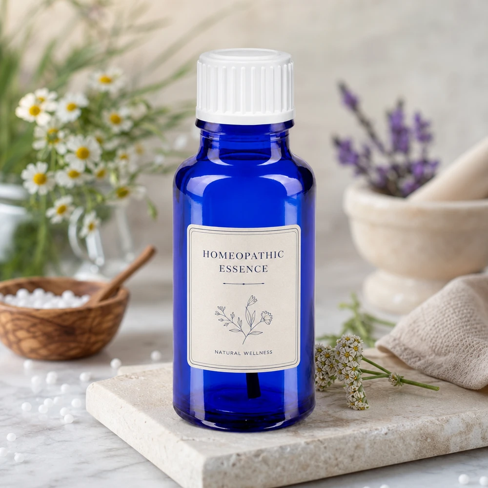 Esencja homeopatyczna w kobaltowo-niebieskiej szklanej buteleczce o pojemności 20 ml z białym zamknięciem i dekoracją z ziół
