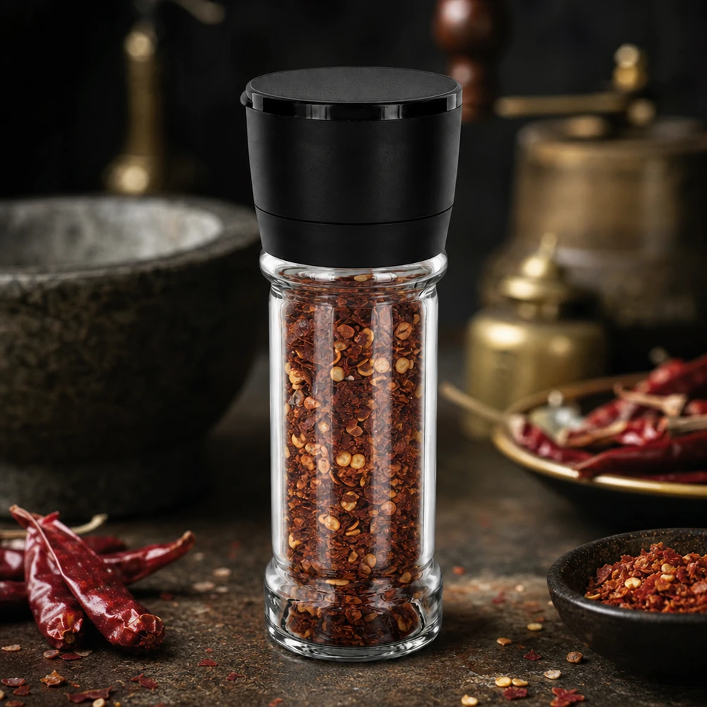 Słoik na sól/przyprawy 100 ml z młynkiem Vario, czarny Młynek do przypraw Vario 100 ml z czarną plastikową pokrywką, wypełniony czerwonymi płatkami chili