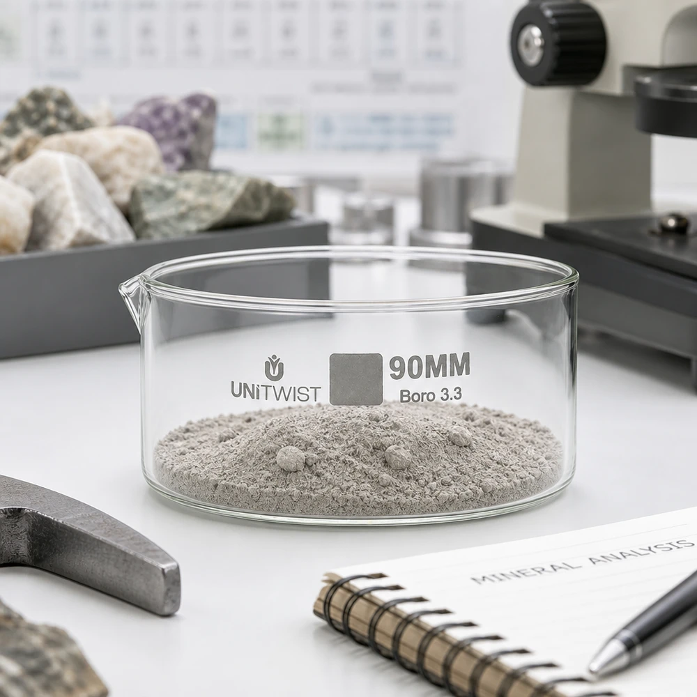 Naczynie krystalizacyjne ø90 mm ze szkła borokrzemowego UNiTWIST Miska do krystalizacji 90 mm UNiTWIST z szarym proszkiem mineralnym na stole laboratoryjnym do analizy skał