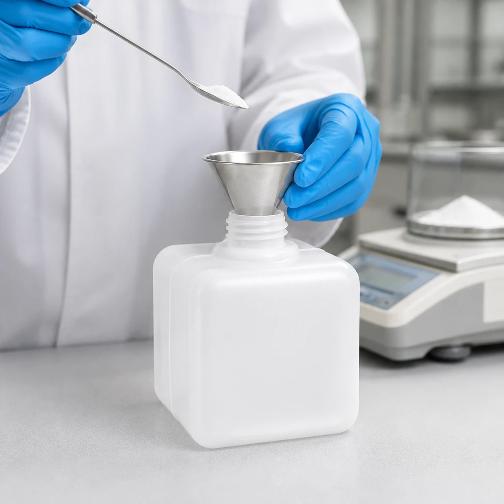 Białe naczynie laboratoryjne z PE-HD o pojemności 500 ml, z gwintem GL32 i wąską szyjką, przeznaczone do napełniania proszkiem za pomocą lejka