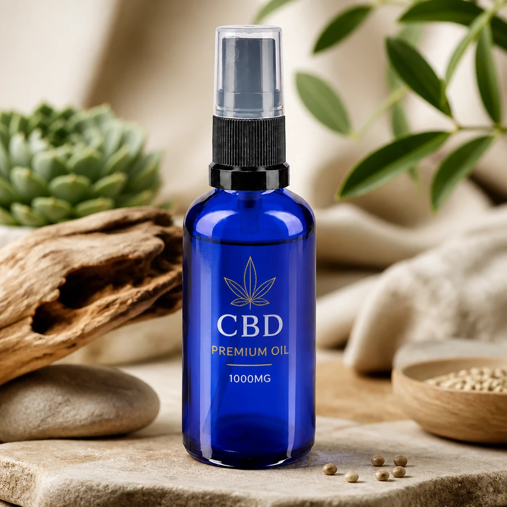 Niebieska szklana butelka o pojemności 50 ml z ochroną przed promieniowaniem UV i atomizerem, przeznaczona do olejku CBD i kosmetyków naturalnych