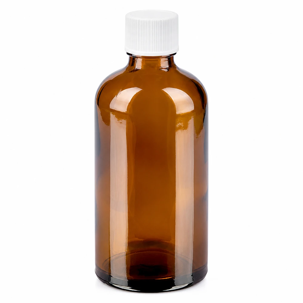 Butelka z brązowego szkła 100 ml z białą zakrętką na leki i kosmetyki