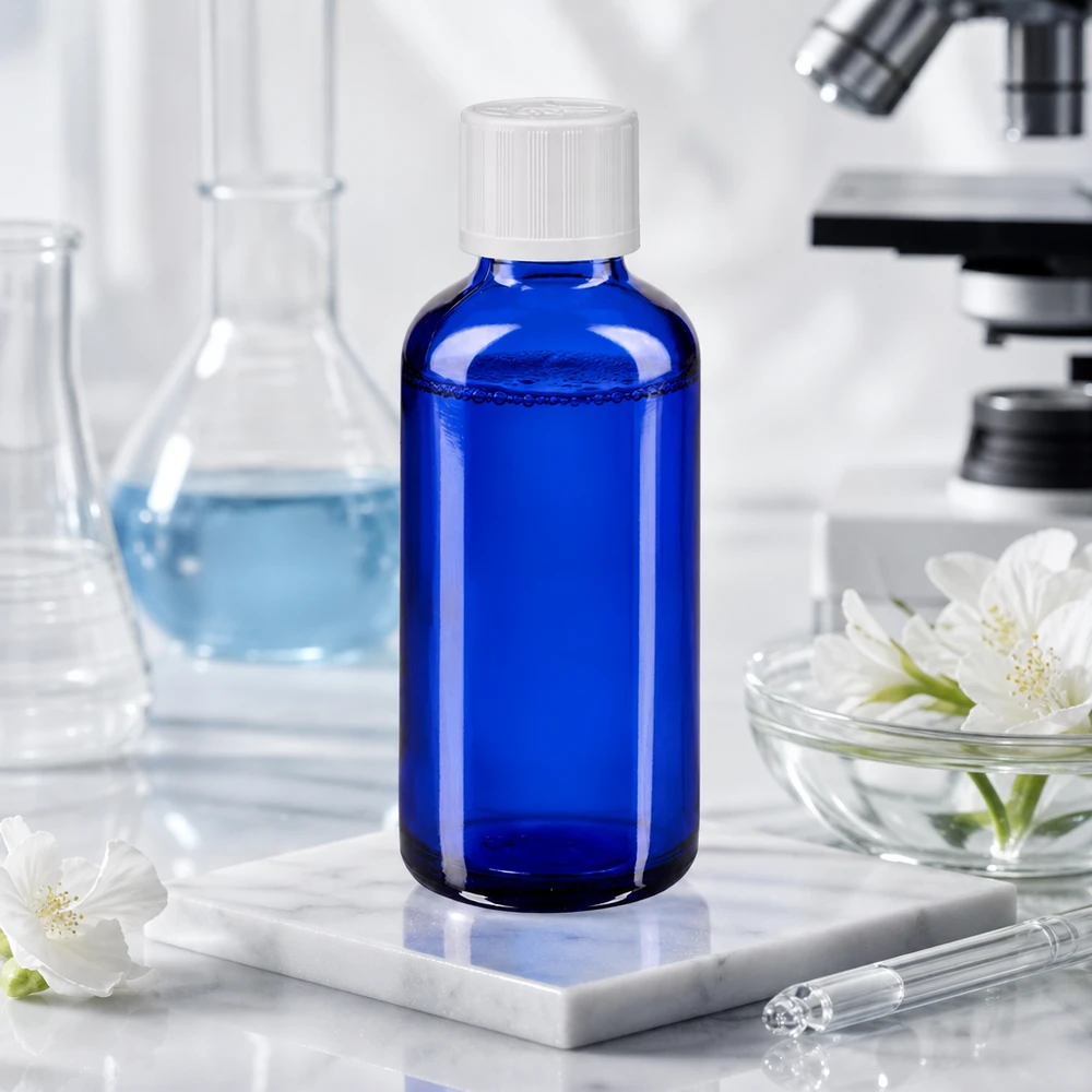 Niebieska szklana butelka o pojemności 50 ml z zakrętką KiSi w laboratorium, obok mikroskopu i kolby Erlenmeyera