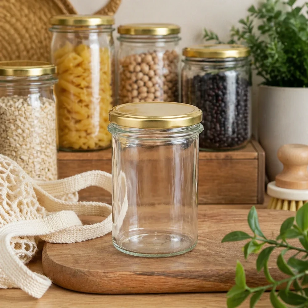 230 ml puste kubki z pokrywką BasicSeal w kolorze złotym UNiTWIST w kuchni Zero Waste ze słoikami do przechowywania i roślinami