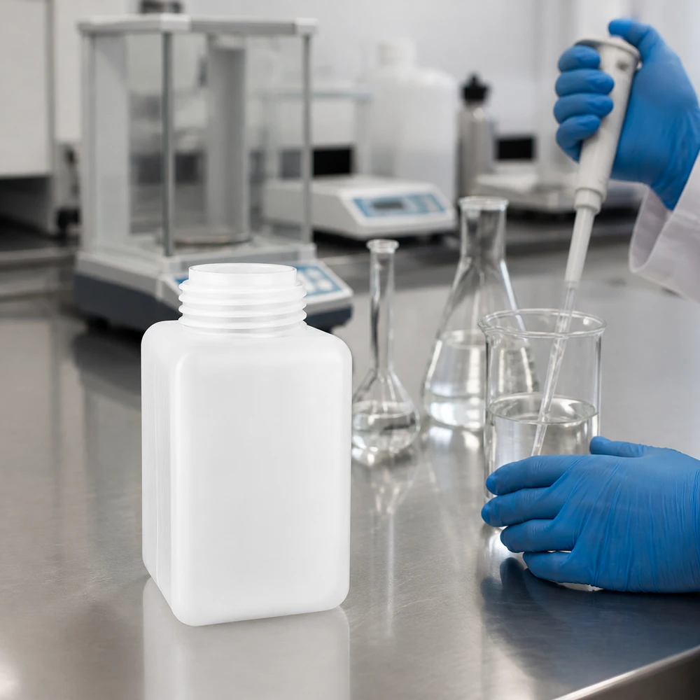 Butelka na chemikalia 1000 ml, wąska szyjka z PE-HD, kolor naturalny Butelka na chemikalia 1000 ml, PE-HD, z wąską szyjką, w kolorze naturalnym, o prostokątnym kształcie, wykonana z wytrzymałego tworzywa sztucznego