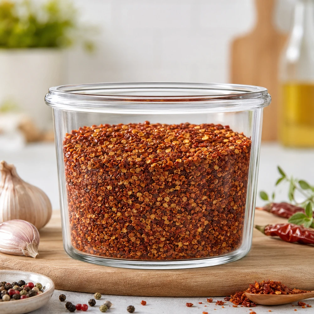 Słoik z wywiniętym brzegiem WECK RR40, 35 ml Szklany słoik WECK 35ml RR40 wypełniony mieszanką przypraw chilli w nowoczesnej kuchni na drewnianej desce