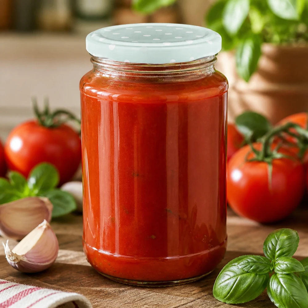 Domowy sos pomidorowy w okrągłej szklanej butelce UNiTWIST o pojemności 320 ml z pokrywką BasicSeal z kropkami w kolorze miętowym matowym