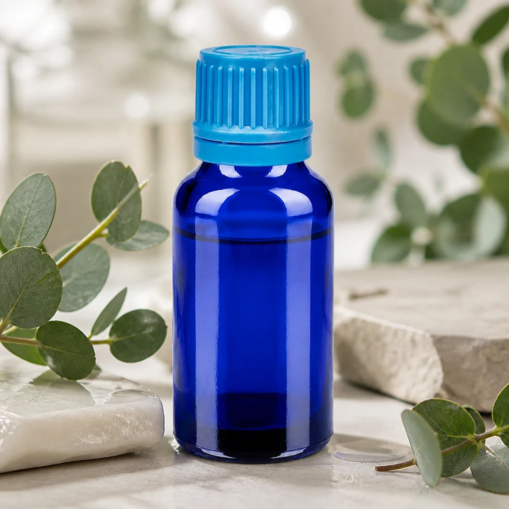 Wysokiej jakości szklana butelka o pojemności 20 ml z gwintem 11 mm i szczelną zakrętką w kolorze niebieskim