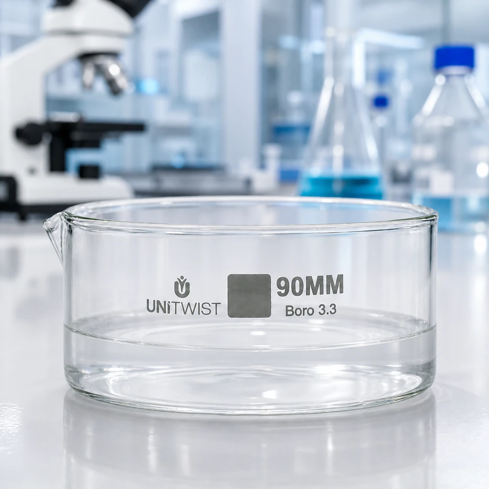 Pusta miska krystalizacyjna 90 mm UNiTWIST Boro 3.3 na tle laboratorium z mikroskopem i kolbą Erlenmeyera
