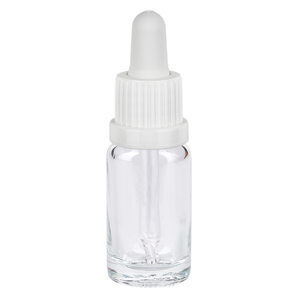 Butelka z pipetą 10 ml biała OV ClearLine UT18/10 Butelka z pipetą o pojemności 10 ml z przezroczystego szkła z białym zakraplaczem, seria ClearLine