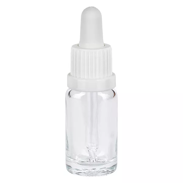 Butelka z pipetą 10 ml biała OV ClearLine UT18/10 Butelka z pipetą o pojemności 10 ml z przezroczystego szkła z białym zakraplaczem, seria ClearLine