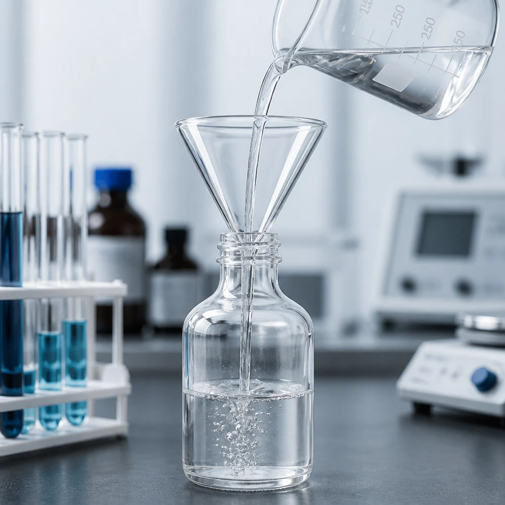Lejek laboratoryjny z krótką nóżką, 100 mm, wykonany z wytrzymałego szkła sodowo-wapniowego, przeznaczony do zastosowań chemicznych i analiz